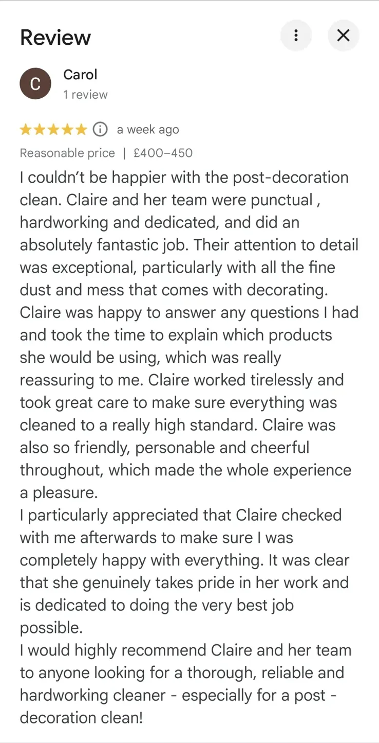Five-star Google review for a post-decoration clean
