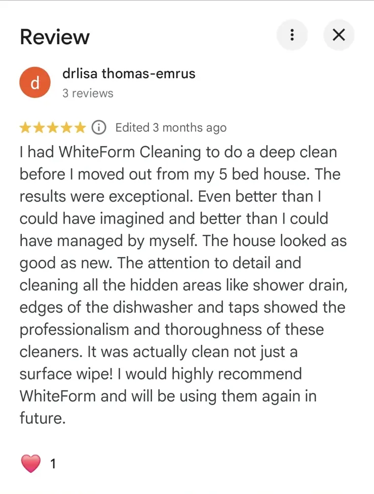 Five-star Google review for a deep clean