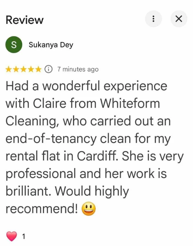 Five-star Google review from Sukanya Dey for an end-of-tenancy clean